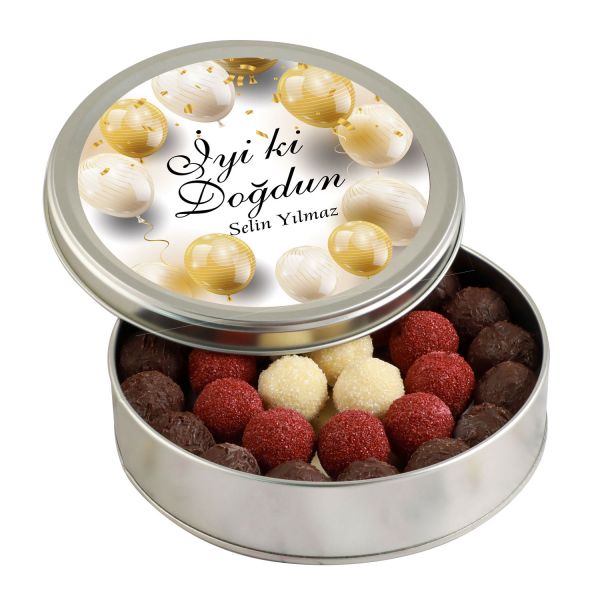 Doğum Günü Hediyesi Karışık Special Truffle Çikolata (Yuvarlak Metal Kutu) - Gold Balonlu - 1