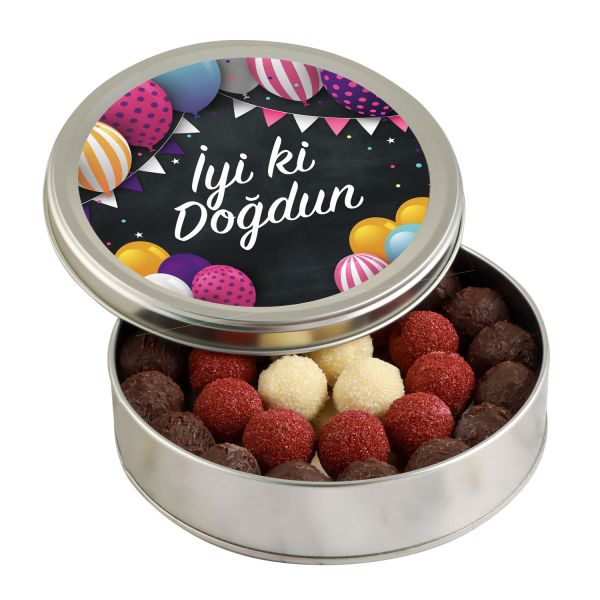 Doğum Günü Hediyesi Karışık Special Truffle Çikolata (Yuvarlak Metal Kutu) - Renkli Balonlu - 1