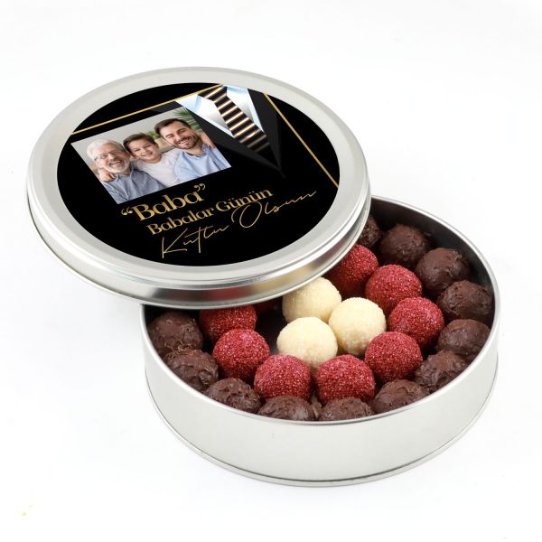 Kendi Fotoğrafınız İle Babalar Günü Hediyesi Karışık Special Truffle Çikolata (Yuvarlak Metal Kutu) - Model-1 - 1