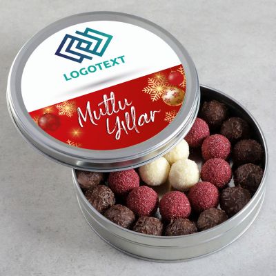 Yılbaşı Hediyesi Firmalara Özel Kurumsal Promosyon Logolu Karışık Special Truffle Çikolata (Yuvarlak Metal Kutu) - 1